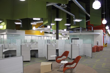 Photo of MBI Products Cloud-lite_Baffle in an open office space.