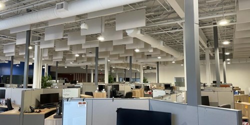 Interior of open office space with MBI acoustic baffles panels