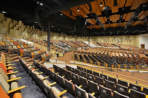 MBI Products Colorsonix acoustic wall and ceiling panels installed in an auditorium for great sound performances.