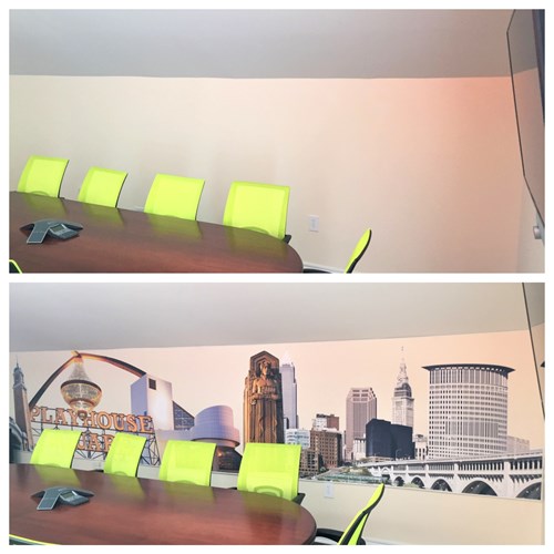 Before and after shot of conference room with printed MBI Masquerade wall acoustics